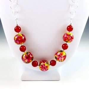Lampwork Glass, Carnelian, and Sterling Necklace